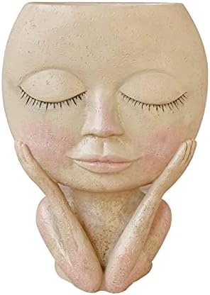 QiKun-Home Face Portrait Flower Pot Head Planter Pot Closed Eyes Shape Succulent Planter Cute Resin Planter Vase With Drainage Hole faint yellow