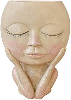 QiKun-Home Face Portrait Flower Pot Head Planter Pot Closed Eyes Shape Succulent Planter Cute Resin Planter Vase With Drainage Hole faint yellow