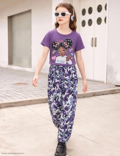 Image of mksodop Girls Outfit Set Graphic T Shirt and Camo Jogger Pants Cute Casual Clothes for Girls 5-16 Years