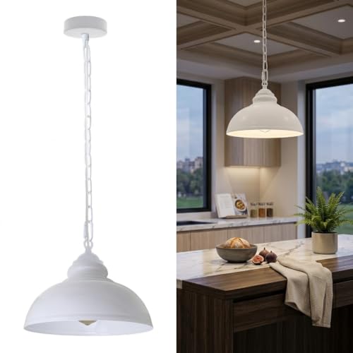 Image of Industrial White Ceiling Pendant Light 29cm Metal Dome Light Shade E27 Base