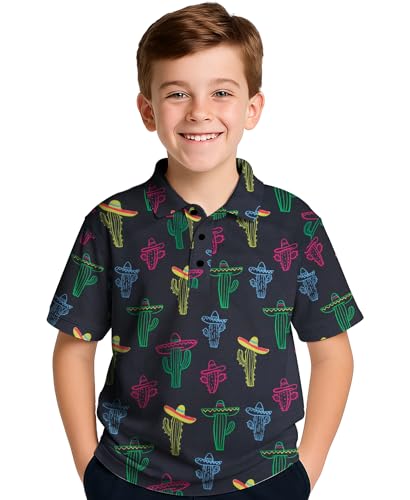Boys Golf Polo Shirts Short Sleeve - Fun Hawaiian Performance Polo Shirt, Summer Casual Active Tops for Kids Age 7-14