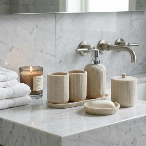 Bathroom Accessories Set, 6-Piece Resin Bathroom Organizer,Toothbrush/Toothpaste Holder, Tumbler, Soap Dispenser, Vanity Tray, Soap Dish, Cotton Ball Jars, Bathroom Decor for Home, Hotel by Boershun - Used condition - Image 4