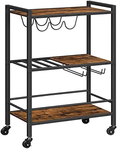HOOBRO Bar Cart, 3-Tier Serving Cart on Wheels, Kitchen Cart with Wine Rack and Cup Holder, with Freely Rotating and Lockable Wheels, for Dining Rooms, Living Room, Garden, Party, Bar BF35TC01G1