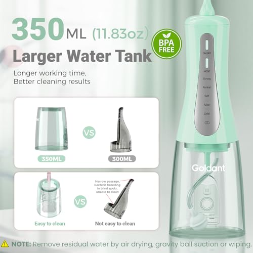 Image of 2026 New 350ML Water Flosser with Drainage & Storage Stand, Keeps Dry & Clean, 5 Modes, 360Nozzle, Cordless Rechargeable, IPX7 Waterproof, Portable for Home & Travel (Green)