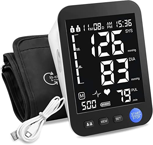Blood Pressure Machine for Home Use, Automatic Blood Pressure Monitor with Extra Large Screen, Adjustable BP Cuff Arm Kits 2 * 999 Memories 4 Batteries Includes Charging Cord (Black)
