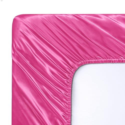 Image of SiinvdaBZX 3-Piece Set Satin Queen Fitted Sheet & 2 Pillowcase, Hot Pink Silky Soft Fitted Bottom Sheet, Wrinkle Free, Fade Resistant, Deep Pocket Bed Sheet (Deep Up to 15 inch)