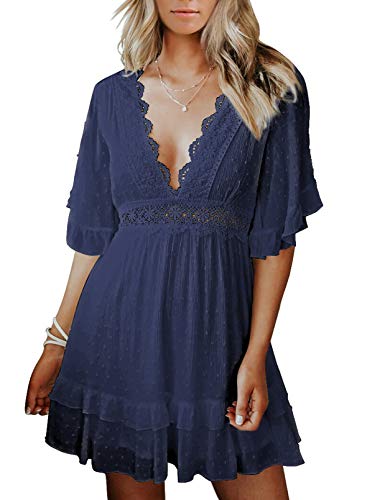 Dokotoo Womens Ladies Cute Spring Casual Summer Sexy Swiss Dot Deep V Neck Ruffle Chiffon Crochet Lace Bell Short Sleeve Elegant Boho Hawaiian Flowy Mini Short Skater Dresses for Women 2022 Blue L