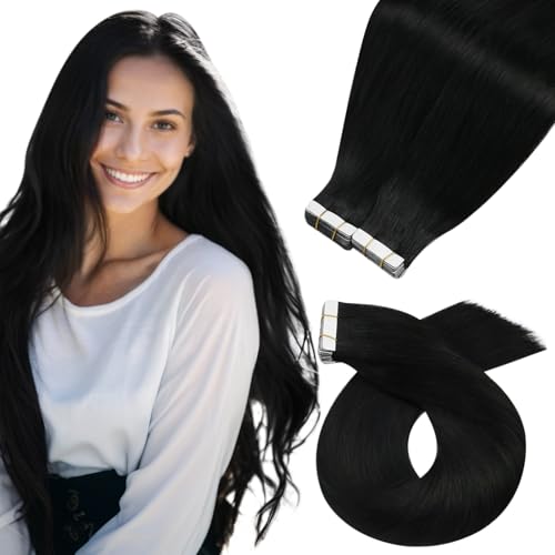 Image of Moresoo Jet Black Tape In Human Hair Extensions, 12 Inch, 40Pcs, 60g | Tape in extensions human hair, fuller density, remy straight texture, flat tabs for short styles and everyday volume
