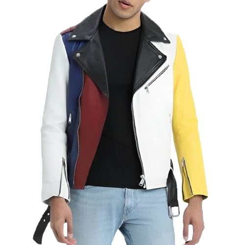 Image of Men's Biker Multi Color Leather Jacket, Leather Biker Jacket for Men, Faux Leather Biker Bomber Jacket