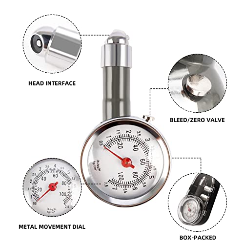 Reifendruckprüfer Reifendruckmesser mit 4 Autoventilen Reifendruck Prüfer für Reifen Präzision Reifendruck Messgerät Mechanisches Reifendruckmessgerät 0-100Psi für Auto, Fahrrad und Motorrad