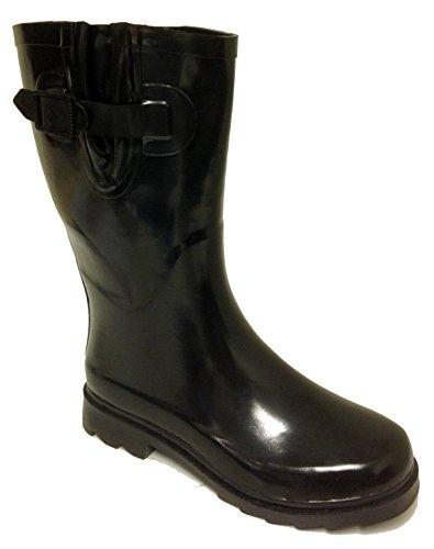 7-SR Women's Rain Boots Multiple Styles Color Rubber Mid Calf Buckle Waterproof Wellies Short Snow Shoes (10 B(M) US, Black-1)