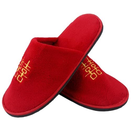 LOGOFUN Chinese Wedding Slippers Plush Home Slippers Slippers Printed with Traditional Chinese Happy Characters for Wife Husband Indoor Shoes - Red