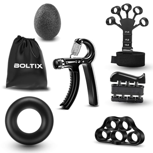 BOLTIX Grip Strength Trainer Kit (6 Pack) with Finger Exerciser, Hand Grip Strengthener, Hand Extension Exerciser, Stress Relief Ball and Forearm Workout Ring is Suitable for All ages