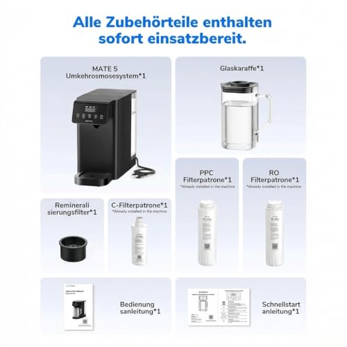 Ecoviva MATE 5 Auftisch Umkehrosmoseanlage – Tisch-Wasserfilter mit 3 separaten Filtern, UV-Sterilisation & Heißwasserspender, PFAS reduzieren, alkalisches Wasser, kompakt, keine Installation