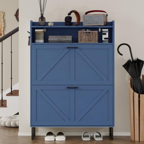 Image of BORNOON Shoe Cabinet with 2 Flip Drawers Narrow Shoe Storage Cabinet Organizer Wooden Freestanding Rack Hidden Slim Storage for Entryway, Hallway, Living Room, Bedroom