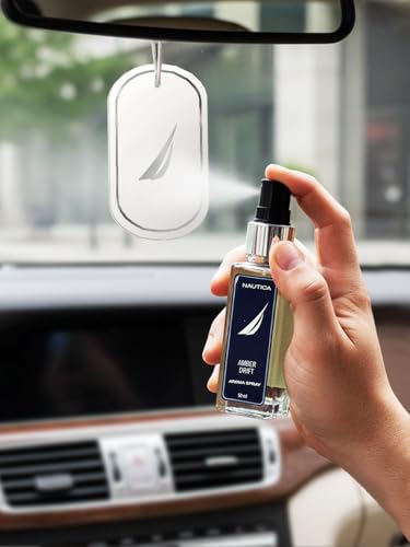 Image of NAUTICA Luxury Car Fragrance Spray with Hanging Tag Card | Amber Drift | 50ml premium Car Air Freshener | 300+ Sprays | Long Lasting Car Freshener | Car Odour Remover