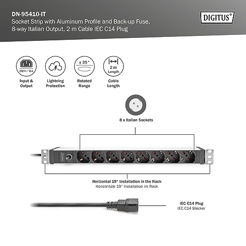 Digitus DN-95410-IT - Presa Multipla Da 19" - 8 Prese - 1U - Ingresso Iec C14 - Versione Italiana - Fusibile Di Back-Up - 250VAC 50/60Hz - 10A - 2500W - Per Armadi Di Rete E Server Da 19" - 2