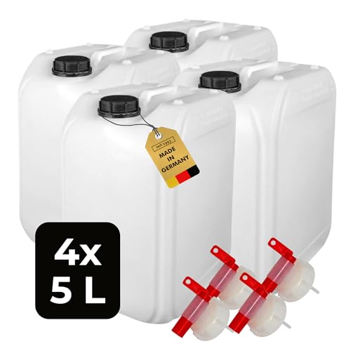 ABACUS® Bidón de agua natural de 5 litros, 4 unidades, bidón químico, grifo y tapa (DIN 51), apto para alimentos, interior y exterior, sin BPA, resistente a ácidos, con escala para leer el nivel de