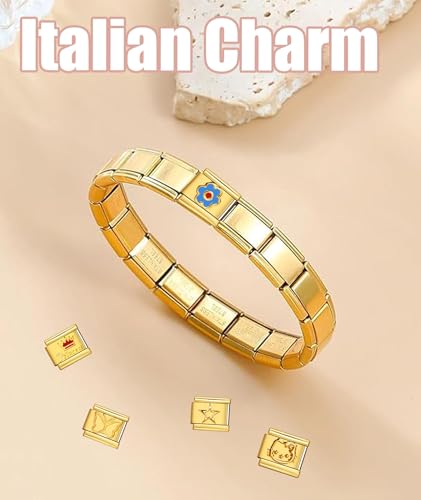 7 Pcs 9mm Italian Charm Bracelet Set, Golden Italian Charm Bracelet Charm Personalised Trendy & Versatile Charm Bracelet Nomination Charms Fits Many Outfit Personalized Gift for Friends