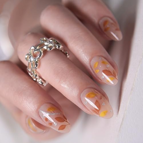 CurvLife Shrot Almond Marble Fall Press On Nails, Amber Brown, Soft Gel