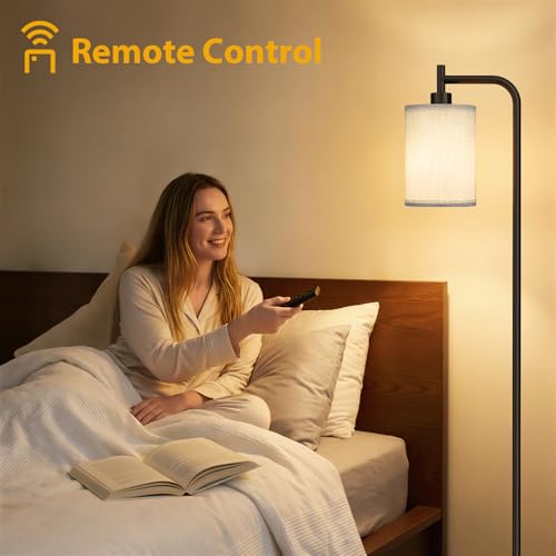Image of Ziisee 64 inch Floor Lamp for Living Room with Remote Control, Grey Shade with Black Pole, Dimmable Tall Lamps for Bedroom Office Corner, 9W LED Bulb Included