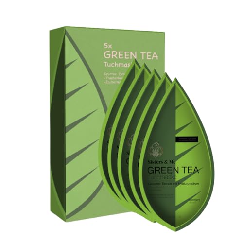 Sisters & Me Grüner Tee Tuchmasken, 5x Gesichtsmaske mit Grüntee, Hyaluronsäure, Traubenkernöl & Zaubernuss – Feuchtigkeit, Porenreinigung, Vegan, Clean Beauty, beruhigend & kühlend