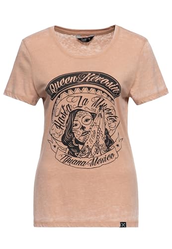 Queen Kerosin Damen Enzym Wash T-Shirt Kurzarm Washed Rundhals Print Top Unikat Vintage Retro Used-Look Ärmellos Oberteil Mexico Día De Muertos Hasta La Muerte