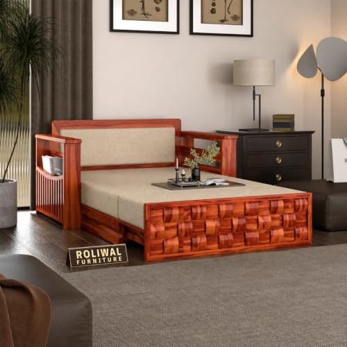 Image of Solid Sheesham Wood Sofa Cums Bed with Mattress & Storage | Rosewood Convertible Sofa Bed for Living Room & Bedroom (Niwar-Honey Finish, 2 Seater)