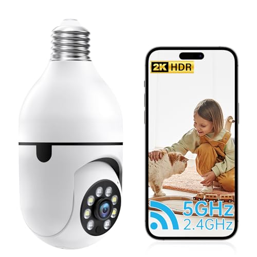 Telecamera di sicurezza con lampadina, 2.4G/5G WiFi Telecamere di Sicurezza Esterna Wireless Telecamere di Sicurezza Domestica 2K Telecamera di Sicurezza Domestica Allarme Rilevamento Movimento