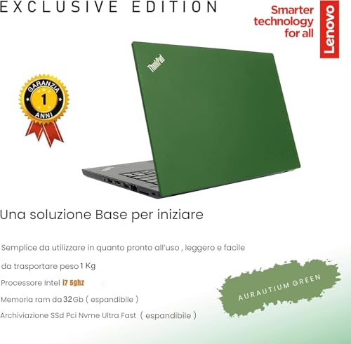 Lenovo Green Edition T480S, Pc Portatile Intel Core I7-8Th Pronto All'uso Office 365, Notebook Con Display Hd Da 14", Ram 16Gb, Ssd Nvme 512 Gb, Garanzia Italiana Con Mouse Wireless In Omaggio - 2