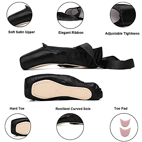 MSMAX Womens Pointe Shoes Ballet Dance Performa Shoe with Silicone Toe Pad Black 9 M US Women - Thumbnail 2