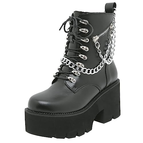Image of Parisuit Womens Goth Patent Ankle Boots Platform Chunky Combat Boots | Lace Up, Gothic Boots, High Heel, Punk Short Booties, Buckle Boots, Chain Boots