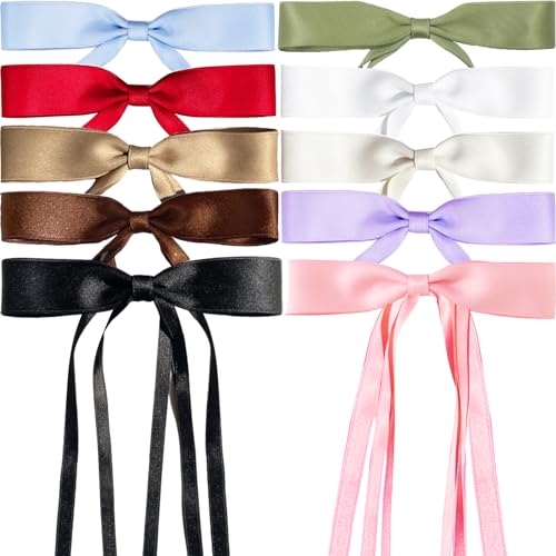 Aimin Hair 10pcs Hair Bows Clips for Women, Satin Hair Bows for Women Girls, Long Tail Hair Ribbons (Mixed 10 color)