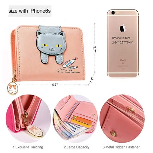 Girls Women Faux Leather Small Wallet Cute Cat Pattern Clutch Purse Coin Holder Card Organizer,Bifold (Pink) #TOP3