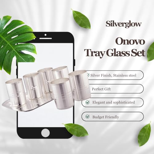 Image of Silverglow Onovo Tray Glass Set | Silver Plated Glass Set of 6 with Tray | Juice, Water, Beverages Serving Set | Tableware Set | Perfect Diwali, Office, Wedding Return Gift Item