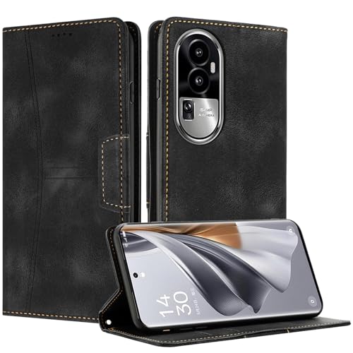Radoo Kompatible Oppo Reno 10 Hülle, Faltbare PU Premium Leder Flip Handyhülle mit Kartensteckplatzständer Magnetverschluss Stoßfeste Lederhülle (Schwarz)