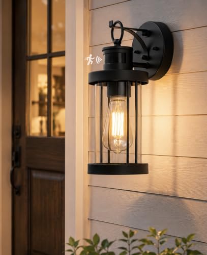 Image of FTL Motion Sensor Outdoor Lights, Dusk Till Dawn Exterior Wall Sconce 3 Modes, PIR Security Porch Lighting for House E27, Motion Activated Outside Sensor Wall Lantern for Garage Entryway, Waterproof