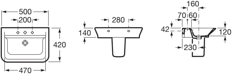 Technical diagram showing top, front, and side dimensions of the Roca a327476000 Standby Porcelain Washbasin.