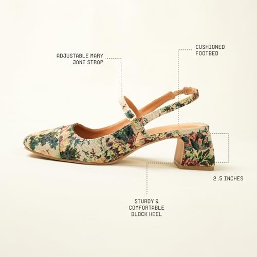 Image of Theater Women Floral Tapestry Mary Jane Heels | Square Toe Slingback Sandals with Adjustable Strap | Stylish & Comfortable for Party, Office & Casual Wear