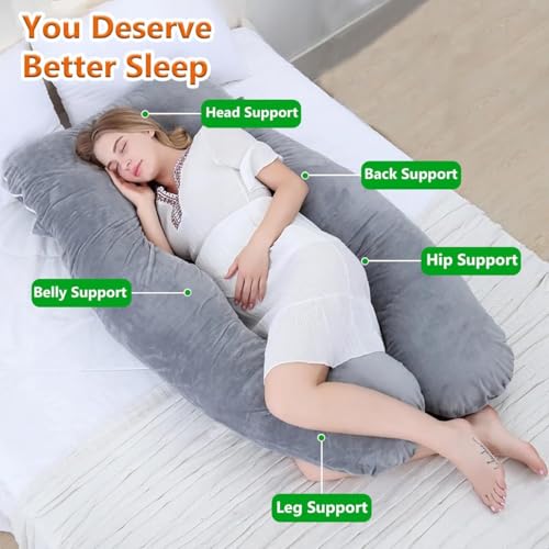 Image of U-Shaped Sleeping Pregnancy Pillow| Removable Velvet Covers| PregnoCare Fibres| Baby Shower Gift, Maternity, Nursing| Full Body Soft-Support Bump, Head, Back, Shoulder, Hips, Legs and Belly (Grey)