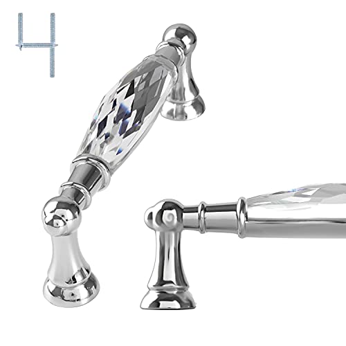 Jingdi 4 Stück Möbelgriff aus Kristall, Türknöpfe, Möbelgriff, Küchengriff, silberfarben, Griff für Kommode, Badezimmer, Schublade, Schrankgriff, Loch in der Mitte 96 mm Cover