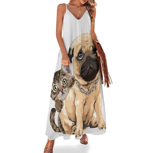Robe longue d'été pour femme - Robe maxi sans manches imprimée chat et chien de plage