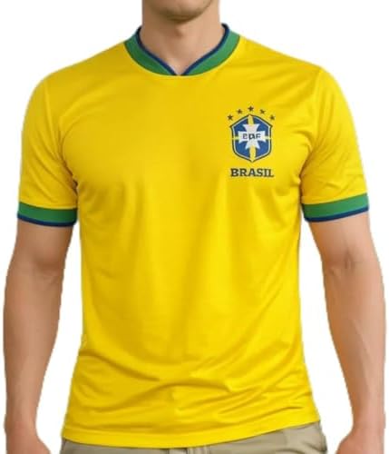 Camisa Torcedor Brasil Amarela 5 Estrelas Gola Verde e Azul, Teci...