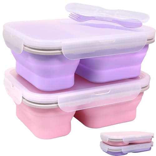 FUSMYE 2 Pack Collapsible Silicone Bento Lunch Boxes With Lids,2 Compartments, Divided Lunch Food Storage Containers, 37.2 oz, Safe in Microwave, Dishwasher and Freezer, BPA Free by FUSMYE - Used condition - US$21.84