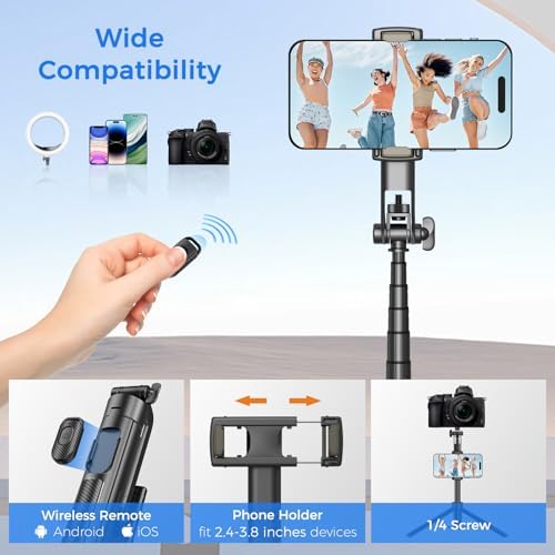 Selfie Stick Travel Tripod for Cell Phone with Remote Control and Phone Holder, Extendable Selfie Stick for iPhone, iPhone Tripod for Video Recording, 50 Inch, Black - 5