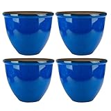 Set of 4 x 30cm Dark Blue Garden Planter – Glazed Ceramic Effect Round Plastic Plant Pot, Frost & UV Resistant Indoor Outdoor Flower Pot