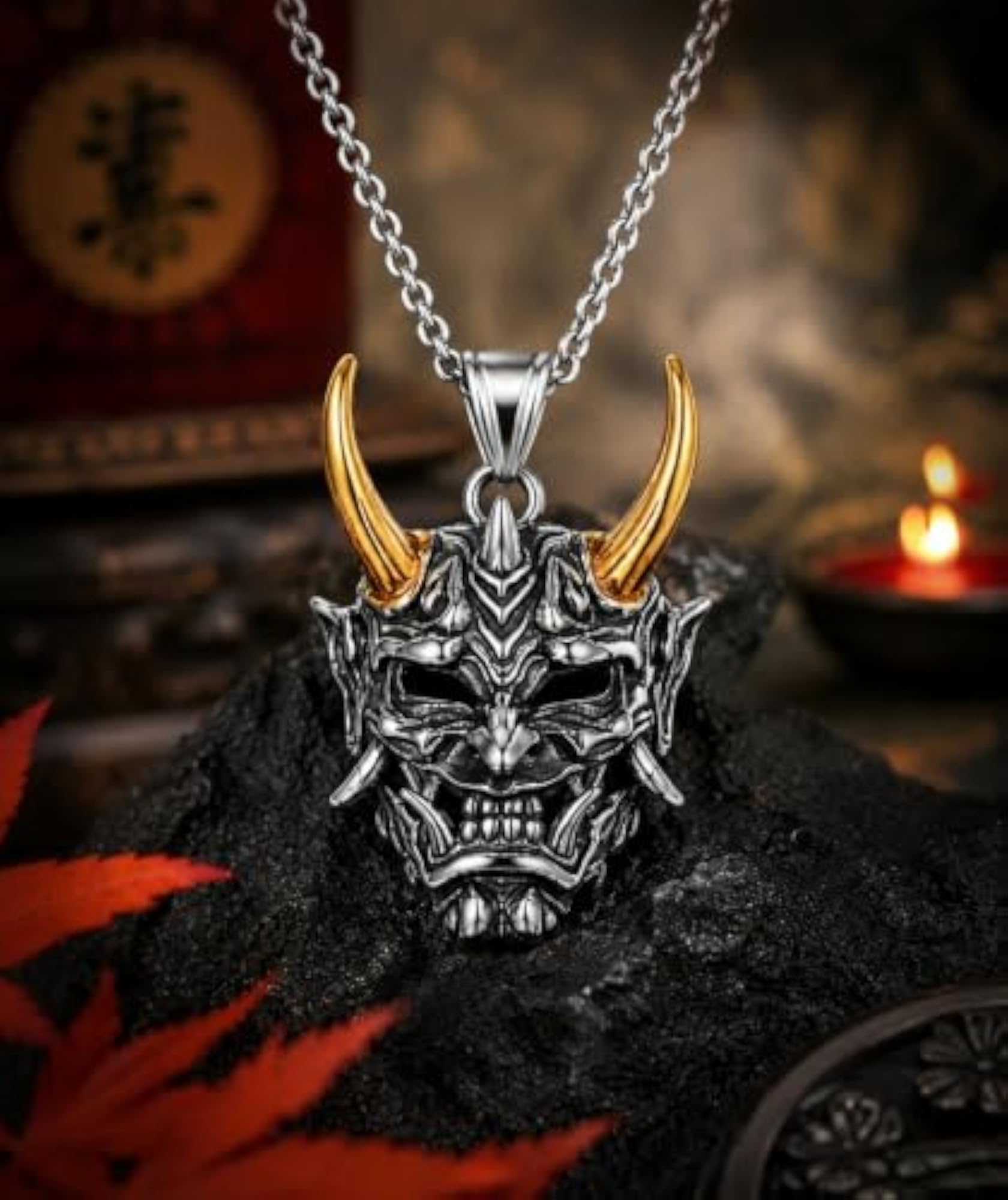 Oni Demon Mask Pendant Silver Chain for Men