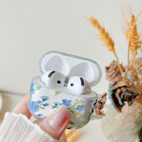 Image of MINSCOSE for AirPods 4 Clear Case,Cute Flower Plant Leaves Pattern Design with Trendy Floral Keychain,Soft TPU Protective Shockproof Case for Girls Women for Airpods 4-Blue