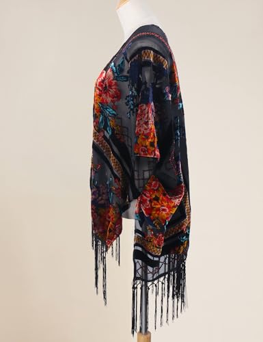 Image of MJ SERECA Women's Burnout Velvet Kimono Cardigan Cover Up with Tassel