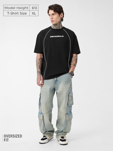 Image of The Souled Store Luminous Men and Boys Short Sleeves Round Neck Black Graphic Printed Cotton Oversized T-Shirts
